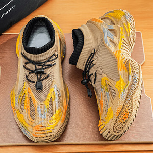 Men's <b>Black</b> Neon Green <b>Sock</b>-Slip-On Sneakers, 3D Printed Mesh Lightweight Non-Slip Sport Shoes - Product Image 4