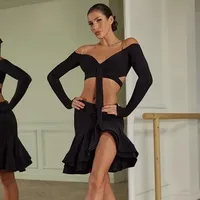 Conjunto de Ropa de Baile Latino para Mujer, Top Sexy con Hombros Descubiertos y Faldas con Volantes, Traje de Samba para Actuaciones en Escenario, Poliéster/Rayón