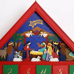 Calendario de Adviento de madera de Navidad Belén de casa grande con 24 cajones y luces Led (rojo)