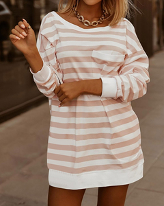 Factory OEM ODM Women's Chic Open Back Striped Dress Multi Colour Casual Loose Backless T Shirt Dress Retro Versatile Streetwear - Product Image 6
