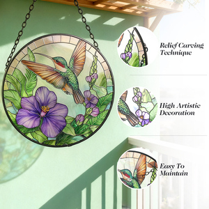 Attrape-soleil en verre teinté avec colibri vert et fleur, décoration de fenêtre, cadeaux pour maman, amateurs d'oiseaux - Product Image 3
