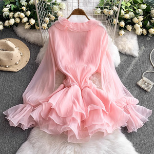 <span class=keywords><strong>Chic</strong></span> doux dames robe fleur à volants col en V robe Sexy femmes <span class=keywords><strong>fantaisie</strong></span> robe courte rose - Product Image 2
