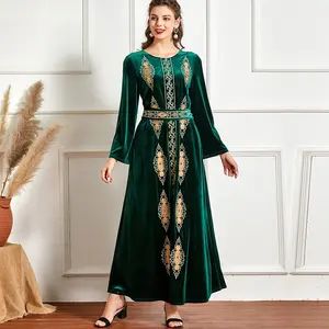 Moda uzun kollu mizaç dikiş yeşil altın kadife etnik elbise müslüman nakış elbise