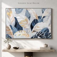 Ensemble de 2 tableaux muraux abstraits modernes à motifs de plumes, peinture sur toile texturée épaisse bleue et or pour salon