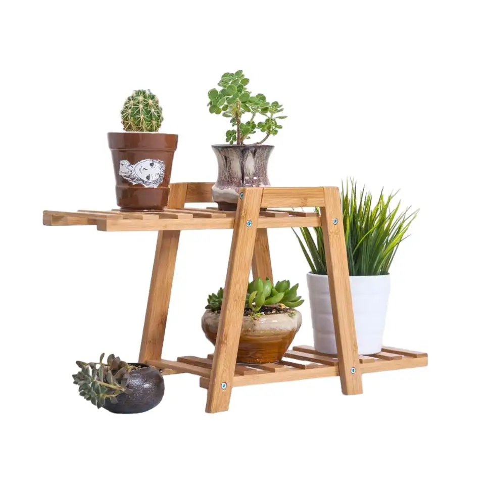 Suporte moderno de 2 camadas para plantas, de madeira e bambu, prateleira para flores, suporte para exposição de vasos de flores, suporte para plantas