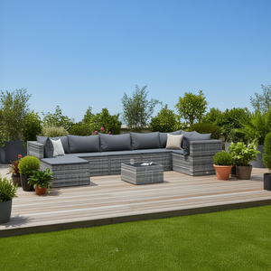 Gray Poly Rattan Patio Lounge Set With <b>Cushions</b> 8 <b>Person</b> Outdoor Furniture Contemporary Modern Design - Product Image 2