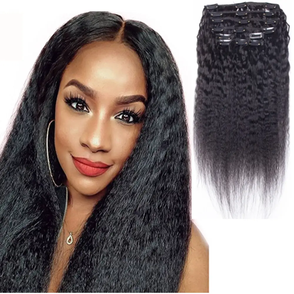 Wholesale 24 inch 100% human hair thick double drawn light yaki kinky straight 4b real remy clip in on natural hair extensions