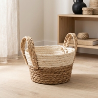 Panier de rangement en corde naturelle beige avec fond noir et poignées, panier tressé à la main, panier gigogne en jonc de mer pour pain et cadeaux