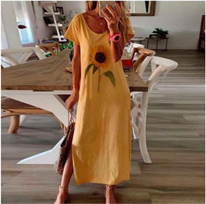 Robe <span class=keywords><strong>de</strong></span> maison pour femmes, tendance, col rond, manches courtes, en lin, motif tournesol, respirante - Product Image 2