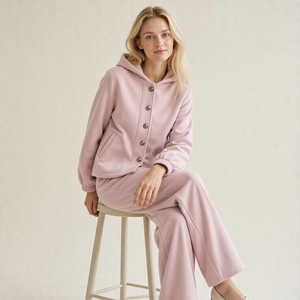 LEDUO Custom <b>Women</b> Hooded Placket <b>Top</b> And Wide Leg Trousers Soft <b>Fleece</b> Daily Casual Garment - Product Image 3