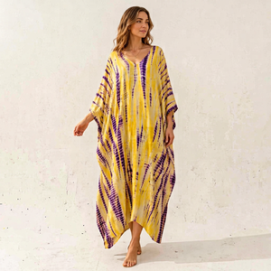 Kimono de mujer con cuello en V, amarillo y morado, con efecto tie-dye, manga tres cuartos, largo, para playa - Product Image 1