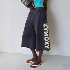 Custom Reflective Screen Print French Terry Wide Leg <b>3</b>/<b>4</b> <b>Shorts</b> Cutoff Streetwear Knee Length <b>3</b>/<b>4</b> Sweatpants Baggy <b>Shorts</b> Unisex - Product Image 1