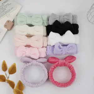 Factory Wholesale Korean Style Pure Color Bow Headband Children's Face Wash Hair Band Flannel Wash Headband