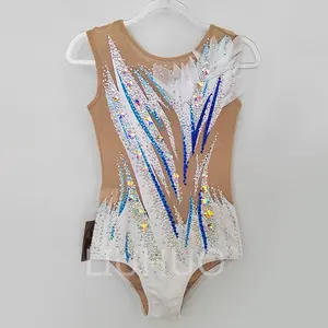 Liuhuo Ritmische Gymnastiek Maillots Meisjes Blauw En Wit Print Luxe Flash Diamant Wedstrijdkostuum