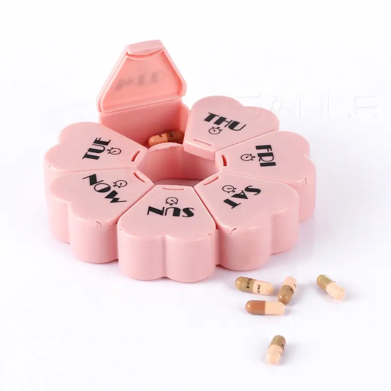 Custom logo portable round weekly pill case cute child proof portable plastic pill dispensing containers