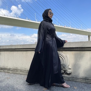 1925 #   Ensembles d'abayas en satin uni à manches longues avec ceinture et manches à volants, cardigan musulman islamique, costume abaya - Product Image 2