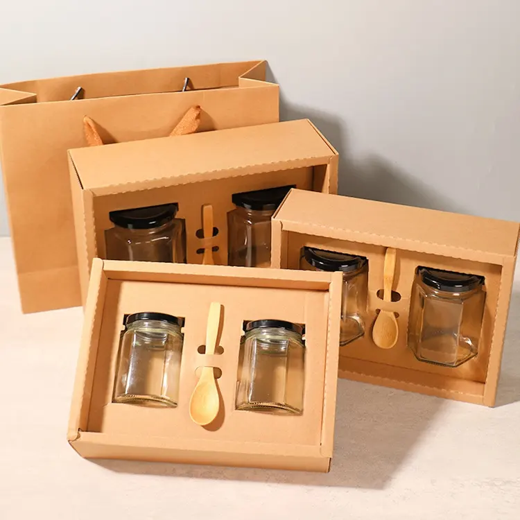 Glass Honey Jar with Spoon gift set kraft paper box bag 180ml 730ml 580ml available customized logo