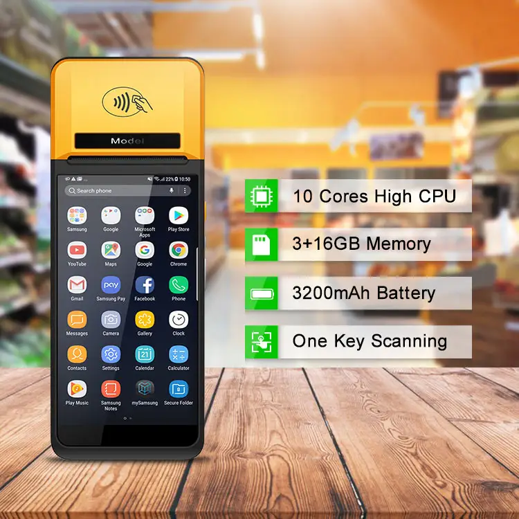 Terminal de point de vente Android portable avec imprimante thermique, lecteur de codes à barres, lecteur de cartes NFC, système de point de vente portable, 5,5 pouces