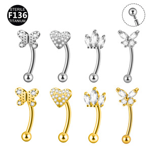 <span class=keywords><strong>Piercing</strong></span> de Titanio F136 con Oro y Circonitas, Diseño de Mariposa y Corazón, Barra Curva para Ceja, Rook, <span class=keywords><strong>Labret</strong></span> <span class=keywords><strong>Vertical</strong></span>, Joyería con Rosca Interna - Product Image 1