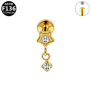 Titanium Star Teardrop Earrings With Chain Dangle <b>Cartilage</b> <b>Studs</b> For Ear Piercing Jewelry ASTM F136 Titanium - Product Image 5