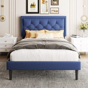 <span class=keywords><strong>Lit</strong></span> classique en velours bleu avec tête <span class=keywords><strong>de</strong></span> <span class=keywords><strong>lit</strong></span> capitonnée à boutons diamants, design intemporel pour chambre principale - Product Image 1