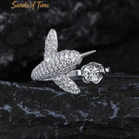 Bague ajustable exquise en forme d'oiseau 3D en argent 925 avec moissanite, détails incrustés éblouissants, accent floral unique, accessoire de mode