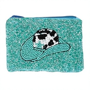 Beaded Turquoise <b>Coin</b> <b>Purse</b> With Soccer Ball Design Zipper Closure Handmade Unisex Mini Size Creative Style - Product Image 1