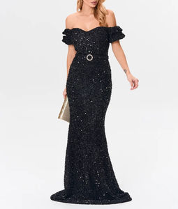 Bestseller Damen Einfarbiges Gewebtes Schwarzes Paillettenkleid mit Schulterfreiem Design, Strass-Gürtel, Figurbetontes Formelles Abendkleid - Product Image 1