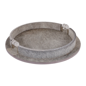 Vassoio decorativo rotondo in similpelle grigia con motivo a pelle di mucca e manici per decorare il tavolino da caffè - Product Image 3