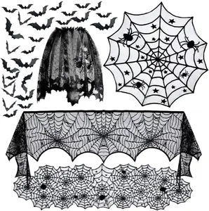 36Pcs Scary 3D Bat Tafelkleed Runner Zwart Kant Spinspinneweb Tafel Cover Schoorsteenmantel Sjaal Spiderweb Voor Halloween Decor