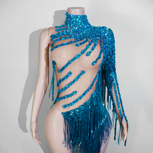 Justaucorps sirène <span class=keywords><strong>Aqua</strong></span> Glamour turquoise à sequins et franges découpées pour la danse de salon, la danse latine, la samba, les spectacles sur scène et les divas - Product Image 6