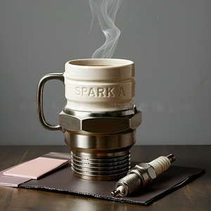 Tasse en résine et acier inoxydable au design moderne, motif violon, forme industrielle, avec poignée, objet d'art fonctionnel et décoratif - Product Image 2