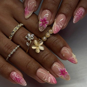 Faux ongles à presser en amande, motif floral en relief, style French élégant, avec colle goutte à goutte, amovibles, pour manucure, fêtes, usage quotidien et DIY - Product Image 1