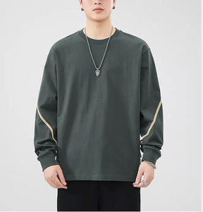 Wholesale Pure Cotton <b>Long</b> <b>Sleeve</b> <b>Striped</b> Drop Shoulder <b>T</b>-<b>Shirt</b> Round Neck Loose Fit Grey Tee for Men - Product Image 5