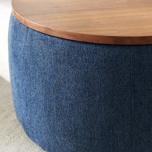 Round Storage Ottoman Navy 25.5x25.5x14.5 Inches With Wooden Lid Multi Functional Coffee <b>Table</b> And Seat - Product Image 3