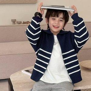 Cardigan a righe in maglia <span class=keywords><strong>invernale</strong></span> personalizzato per bambini e bambine cappotto semplice con cerniera per bambini <span class=keywords><strong>abbigliamento</strong></span> maglione in cotone 100% - Product Image 2
