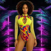 Maillot de bain monokini personnalisé pour le lundi de carnaval, jaune fluo, en maille, à manches longues, psychédélique, une pièce, faible MOQ 50, vente en gros.