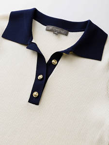 Camiseta de Punto con Cuello en Contraste Sólido para Mujer, Nueva Camiseta Básica Ajustada de Verano - Product Image 5