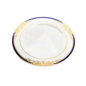 Heavy-duty Luxury Plastic Plate Plastic Party Dinner Plate Blue And Gold Rim Round Plate For Wedding
