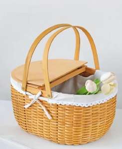 Panier de pique-nique en rotin tressé de haute qualité, écologique, pour les voyages en extérieur, avec couvercles et poignées - Product Image 3