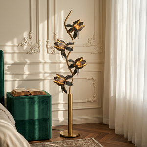 Lampe sur pied artistique en forme de fleur, pétales en verre rose et gris, lampe sur pied moderne en forme de fleur E26, lampe décorative à tige métallique pour chambre à coucher - Product Image 1
