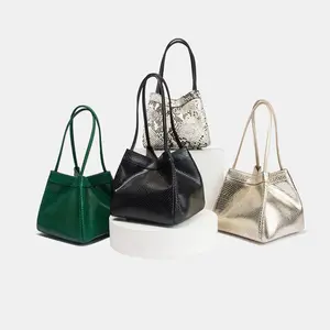 Go Party Latest Fashion Top Layer Cowhide Genuine Leather Snake Print Basket Bag Portable Shoulder Bags Purse And Handbag