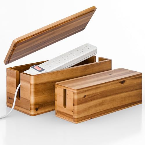 Acacia Wood Large Flexible Cable Management Box-Multifunctional Space-Saving Home Office Bathroom Use TV Wires Power Strip Hider