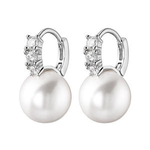 Boucles d'oreilles pendantes en or blanc E3778 avec perle d'imitation et diamants ronds taille brillant pour femme, style classique de mariage - Product Image 5