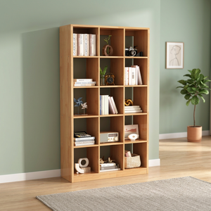 Bibliothèque moderne en bois avec portes vitrées et étagères ouvertes pour le bureau à domicile et le salon - Product Image 3