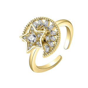 Nouvelle Arrivée Bague Ouverte Lune et Étoile AB Brillante avec Zircon, en Cuivre Plaqué Or, Forme d'Étoile Rotative, Bijou Anti-Stress pour Femme - Product Image 1