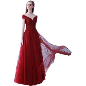 Red Off-Shoulder Long Evening Gown Ball Gown Chiffon Deep V Neckline Natural Waistline For Brides Toasting Dress Performance - Product Image 5