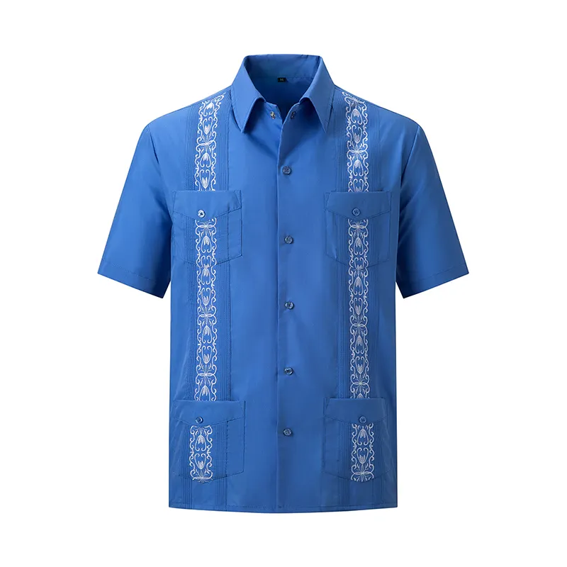 เสื้อเชิ้ตแขนสั้นสำหรับผู้ชาย,เสื้อเชิ้ตปักลายแบบลำลองเสื้อ Guayabera สำหรับผู้ชายสไตล์คิวบา