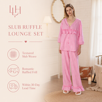 Set Loungewear Wanita dengan Kancing Depan, Kerah V, Bahan Katun 100% Bertekstur Slub, Label Pribadi Grosir, Dilengkapi Celana Lebar Berumbai