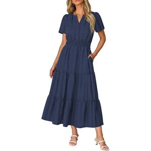 Abito Midi Casual da Donna a Maniche Corte con Scollo a V, Vita Elastica, Balze a Trapezio, Vestito da Vacanza con Tasche in Tessuto Traspirante S - Product Image 1